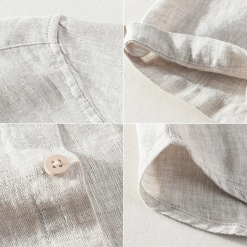 Men's linen short sleeve shirt with square collar in raw jute colour, cardigan style for casual wear
