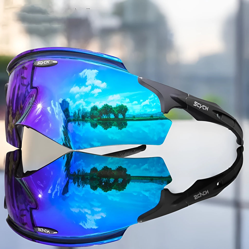 Frameless windproof sports goggles with a colourful single lens for cycling and running.
