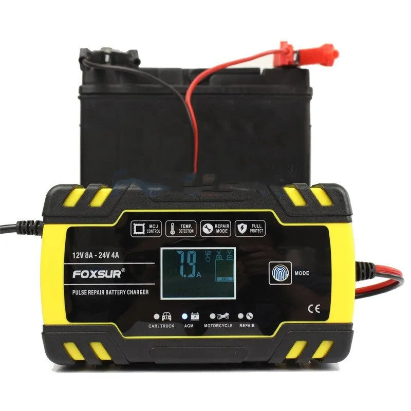 12V 24V battery charger unit with screen display showing charging parameters