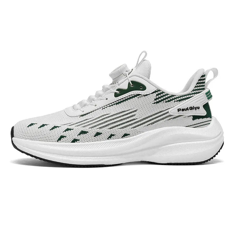 Men's white and green Fly-kit mesh running shoes with rotating buckle closure system on flat TPU sole
