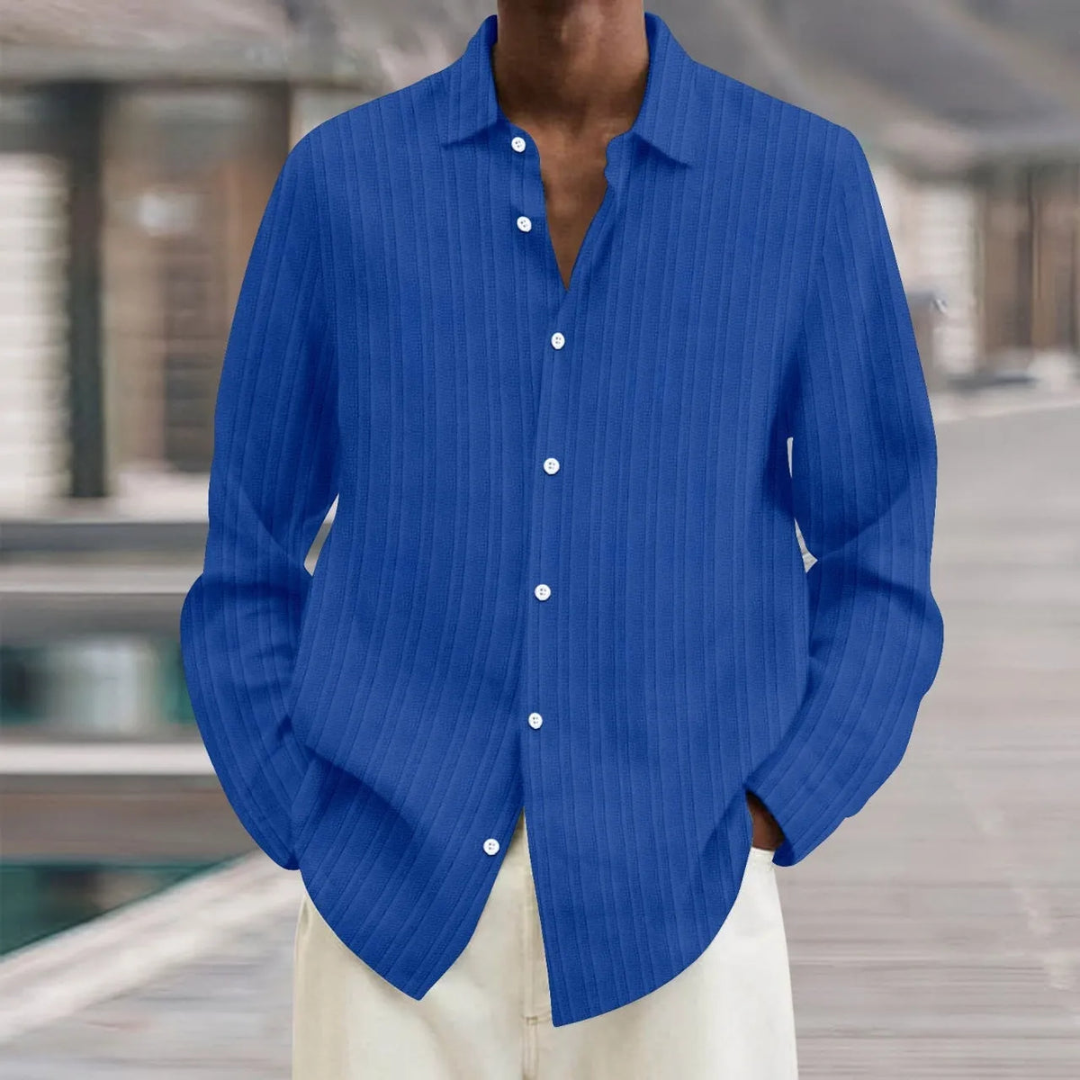 Men's striped cardigan long sleeve shirt with 3D pattern design in chemical fibre blend fabric