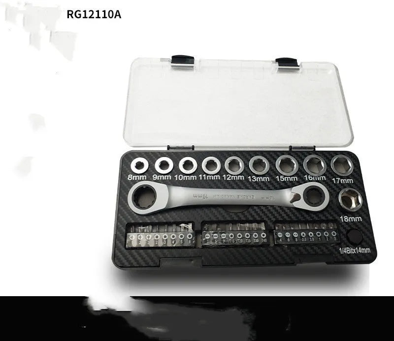 Two-way ratchet wrench set with sockets and screwdriver bits arranged beside the tool