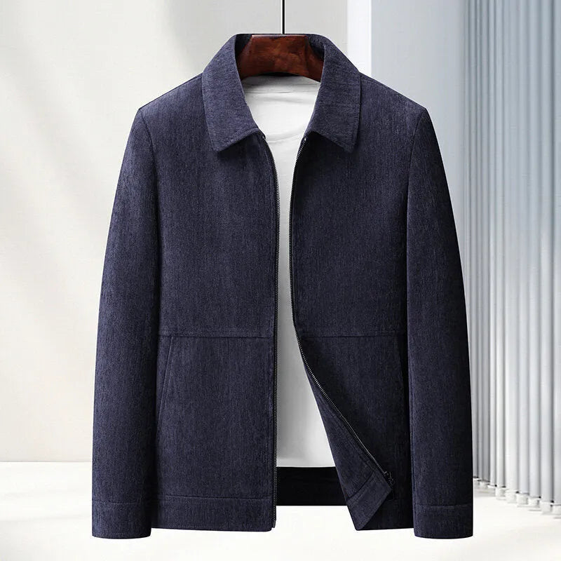 Men's slim fit lapel casual jacket in Vinylon fabric, shown in dark blue colour.