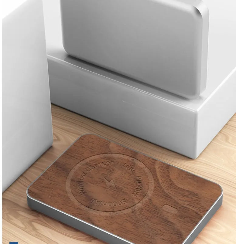 Khaki coloured magnetic wireless charging bank with aluminium alloy shell showing dimensions and USB port