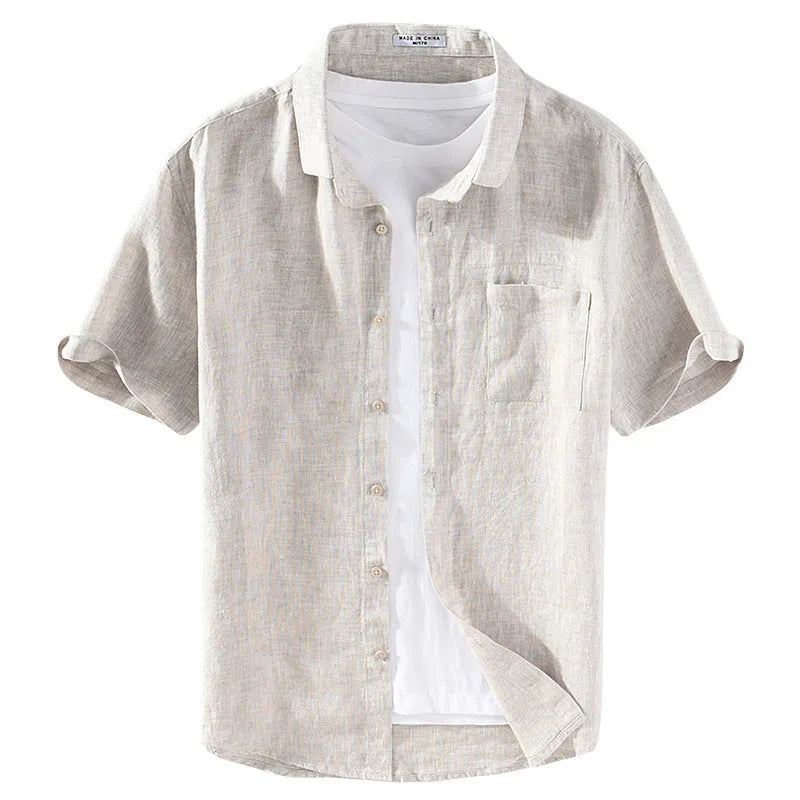 Men's linen short sleeve shirt with square collar in raw jute colour, cardigan style for casual wear