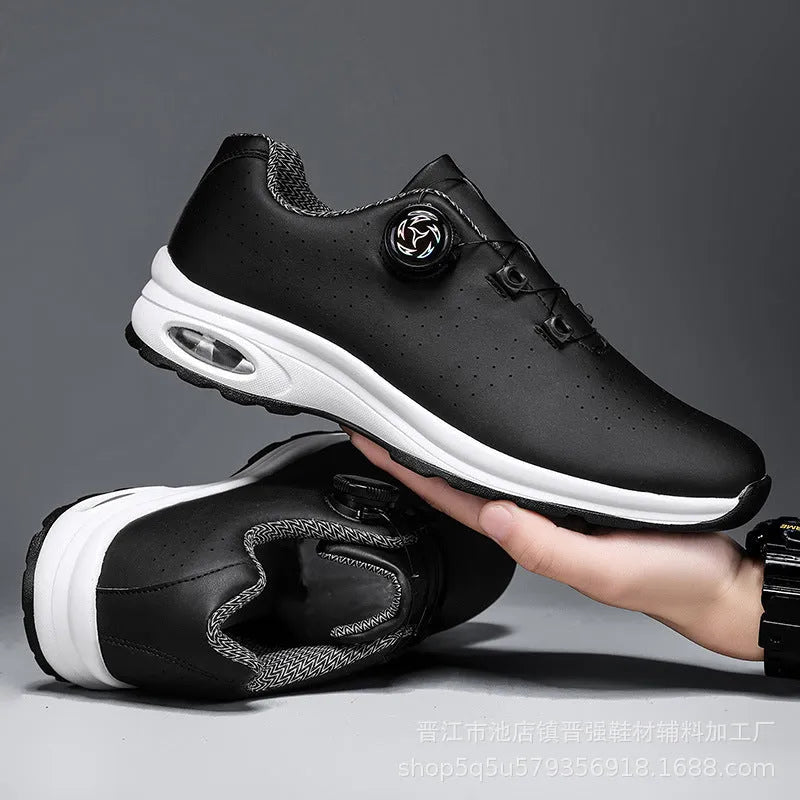 Men's black and white low-top casual tennis shoes with mesh uppers and composite soles