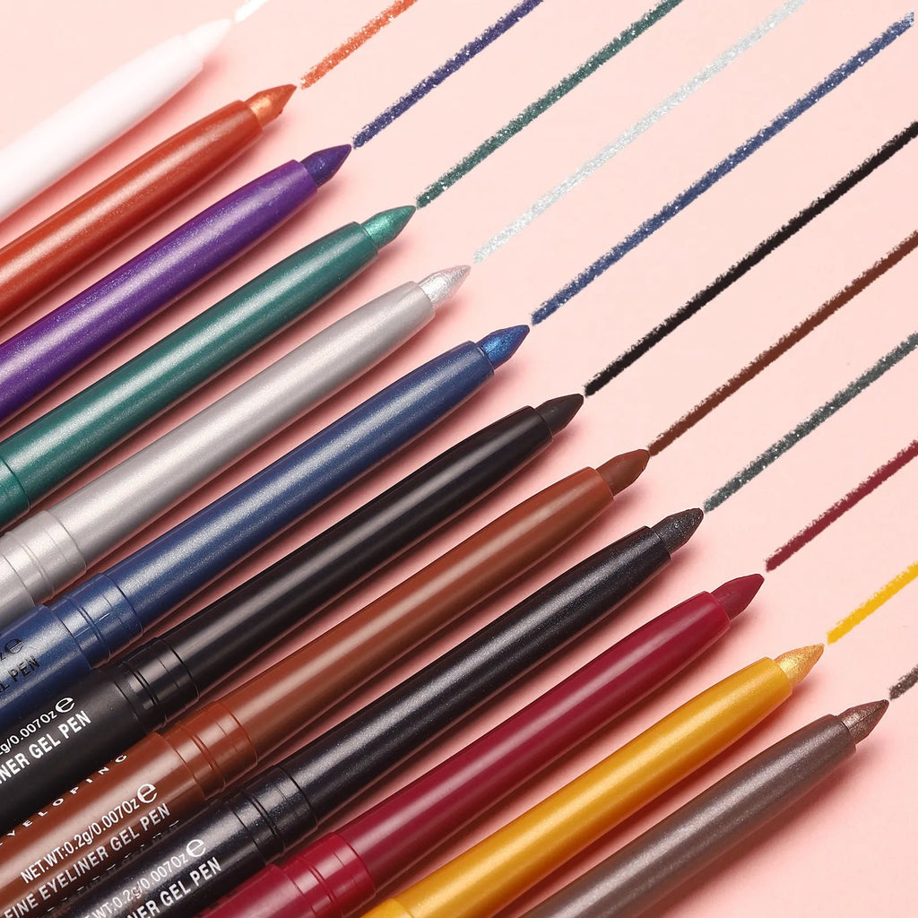 Set of 12 colourful gel glitter eyeliner pencils displayed in vibrant shades A through L.