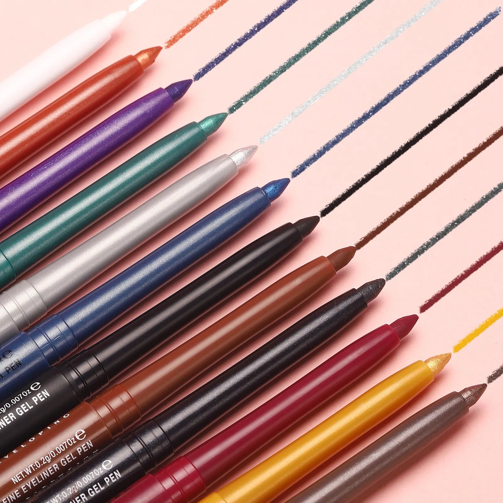 Set of 12 colourful gel glitter eyeliner pencils displayed in vibrant shades A through L.