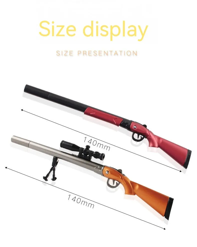 Chicken 98K Sniper Rifle shaped plastic gel pen with 0.5mm tip shown next to Ace Agent Black and Blue ink options.