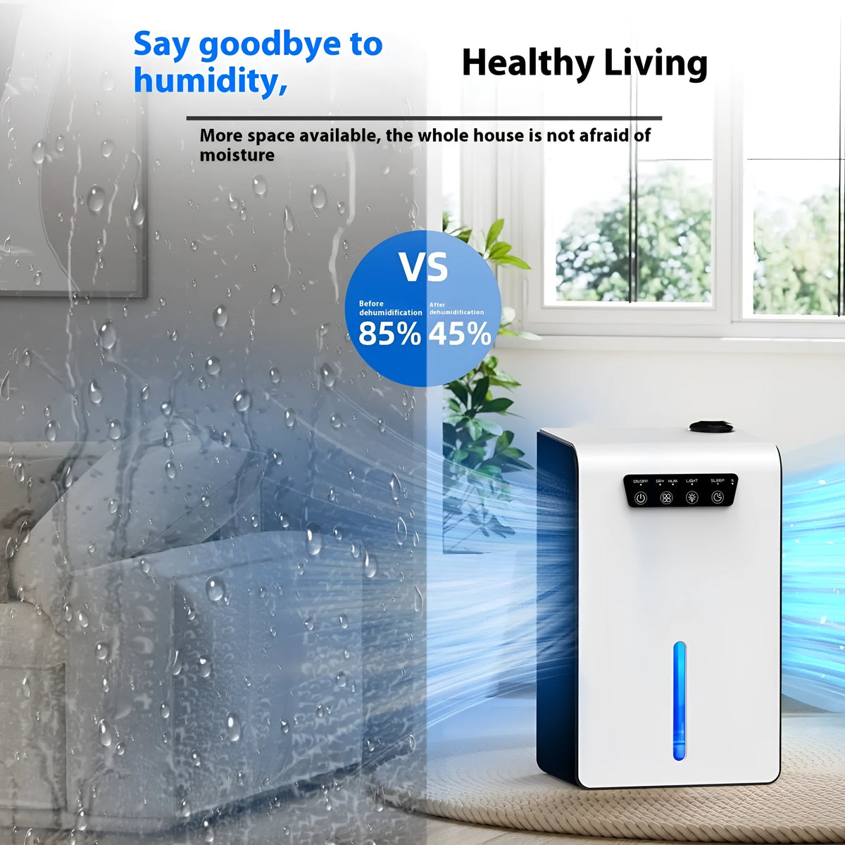 Milky white portable dehumidifier with water tank for bedroom use