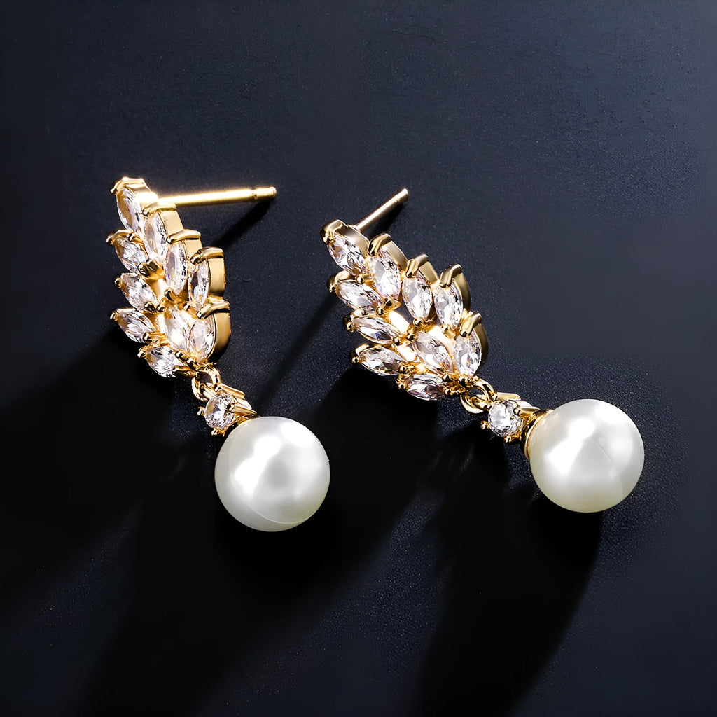 Geometric pearl earrings with micro inlaid zircon and flower design in gold plating