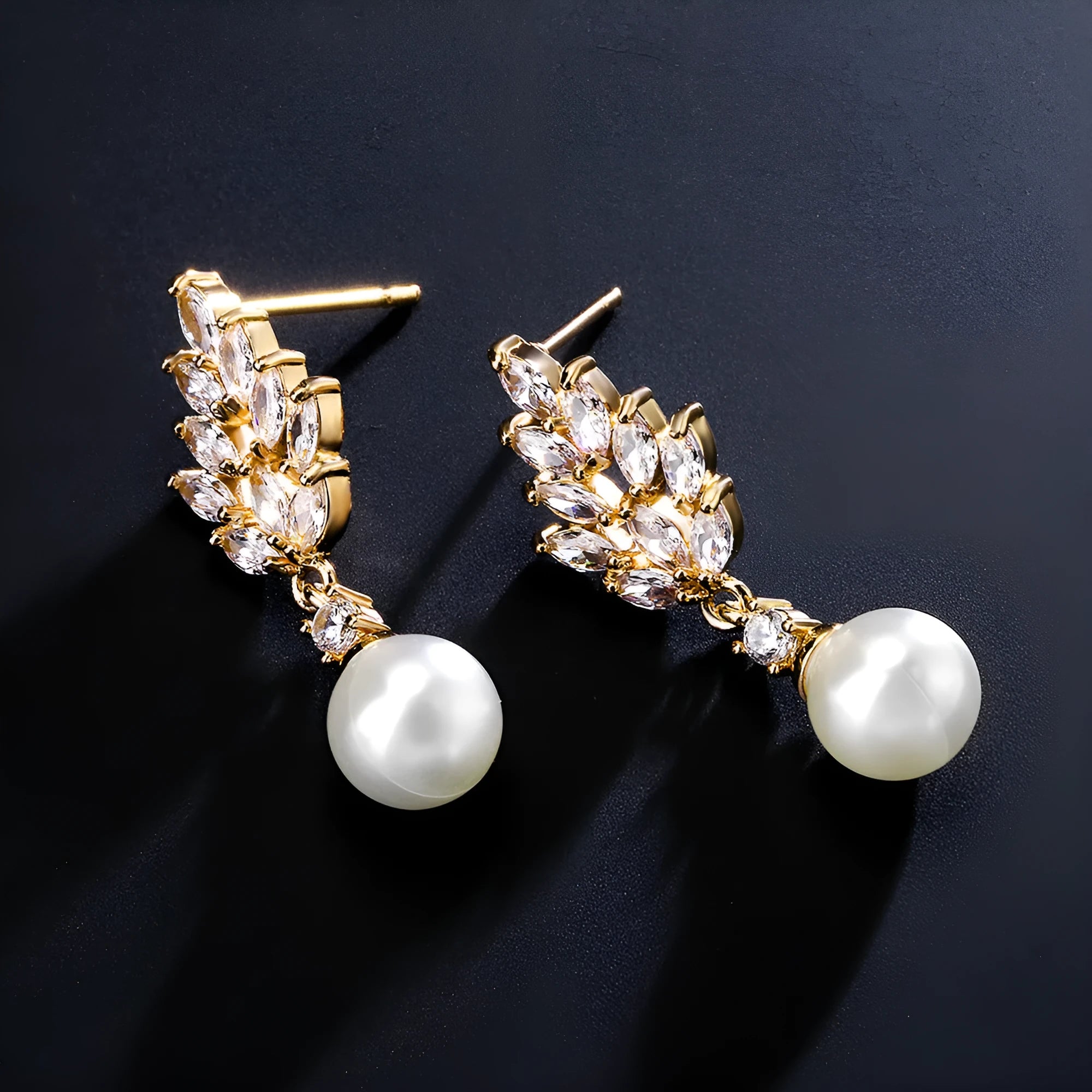 Geometric pearl earrings with micro inlaid zircon and flower design in gold plating