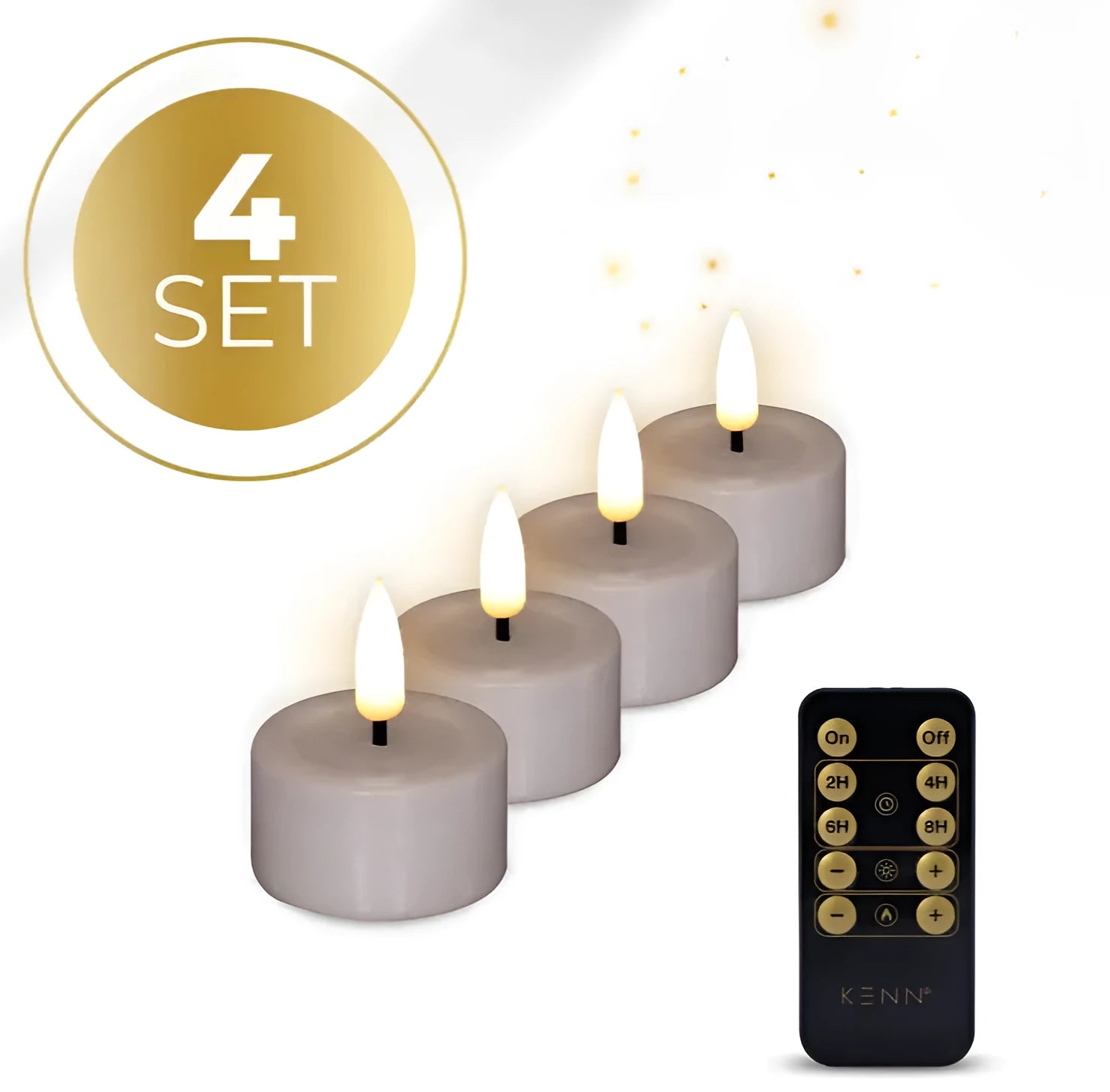 Four taupe-coloured LED tealight candles showing size scale