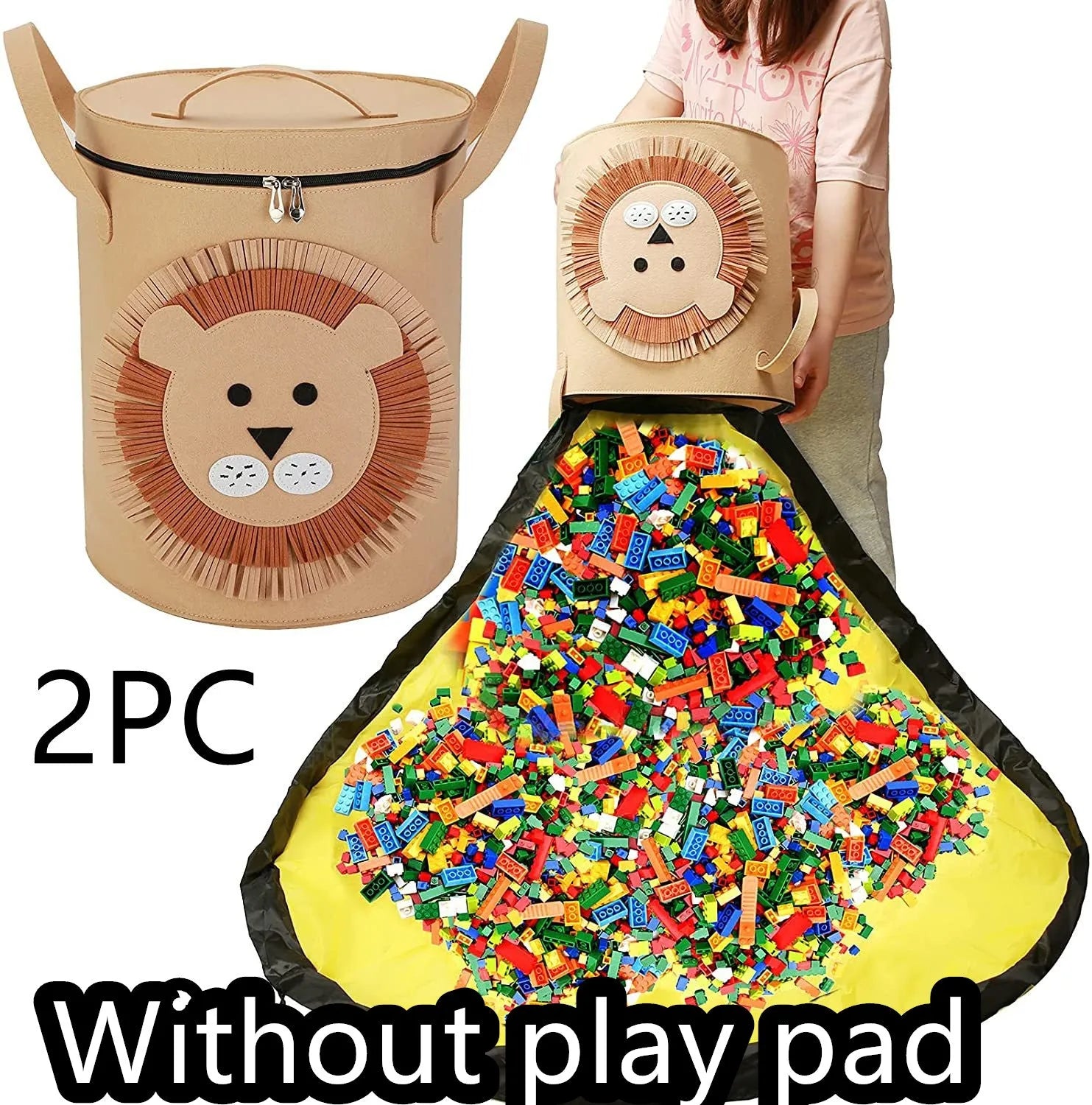 Green felt cube storage bag with pull rope, laid flat as a play mat