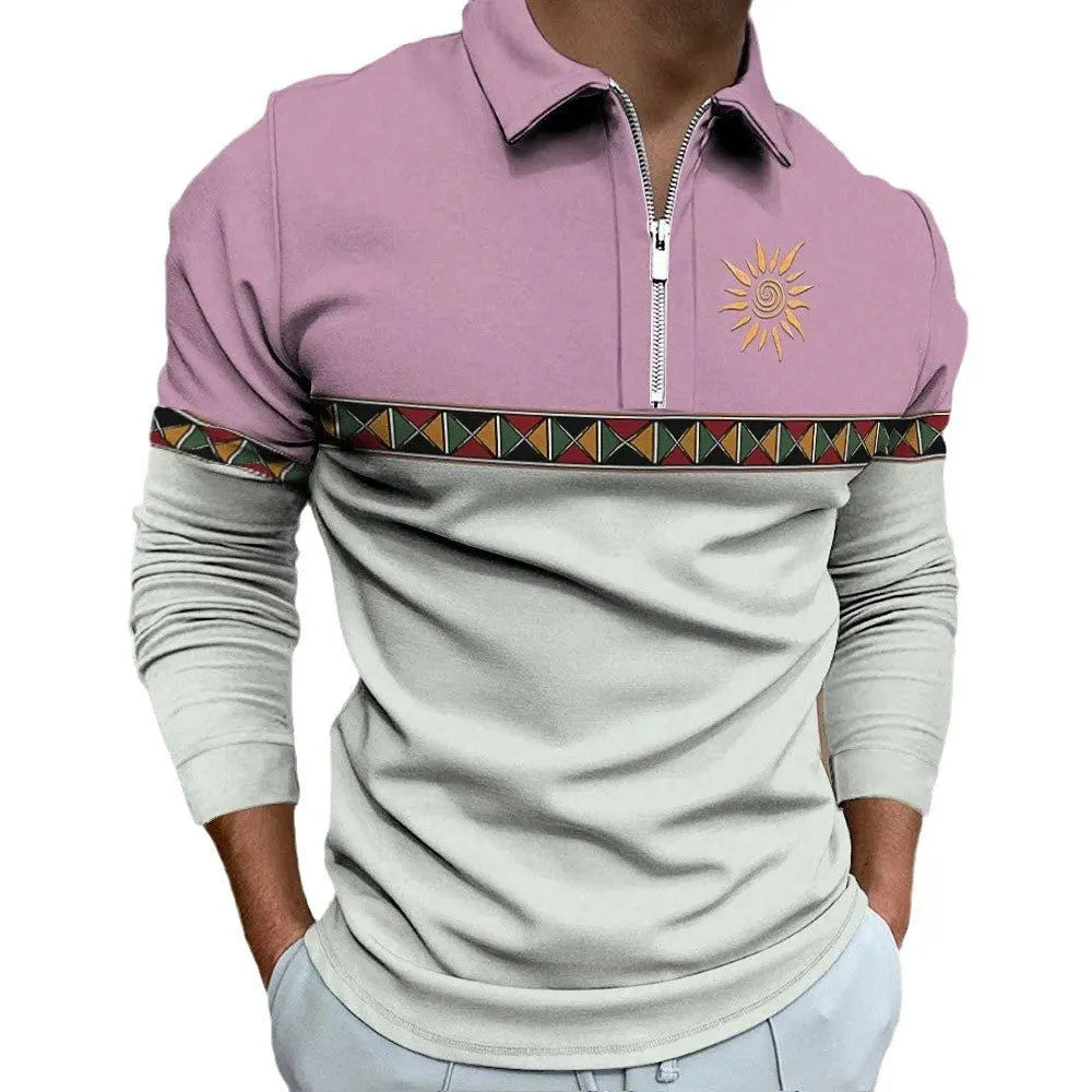 Men's loose fit long sleeve T-shirt with retro colour printing and zip details on striped fabric