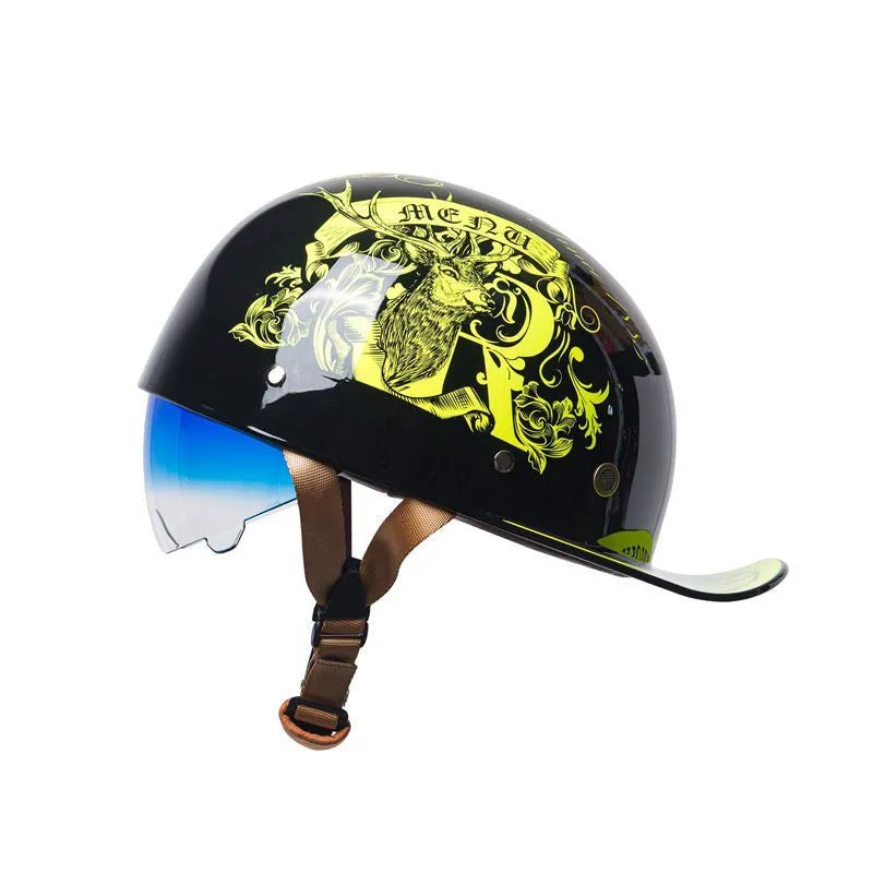 Men's retro half helmet for electric bicycles in bright black with gradient blue lens