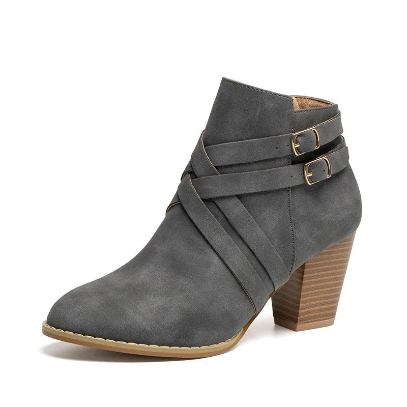 Grey PU leather short boots with a side zipper, belt buckle, and a 7cm thick rubber heel.