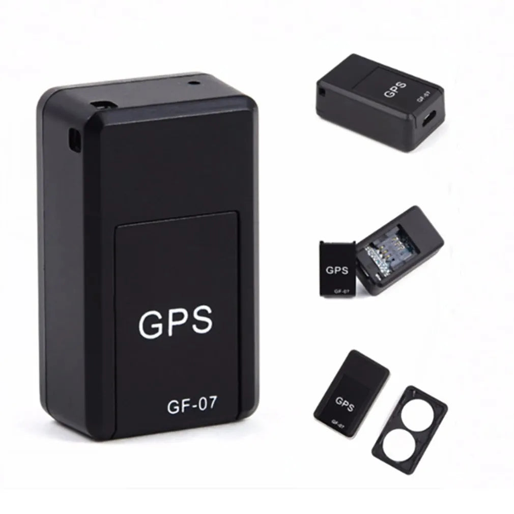 Black magnetic GPS tracker device measuring 35x20x14mm with USB charging cable for vehicle and personal tracking
