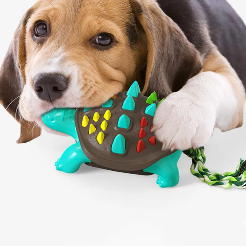 Natural rubber dog toothbrush chew toy with dinosaur knot tail in two-tone colours