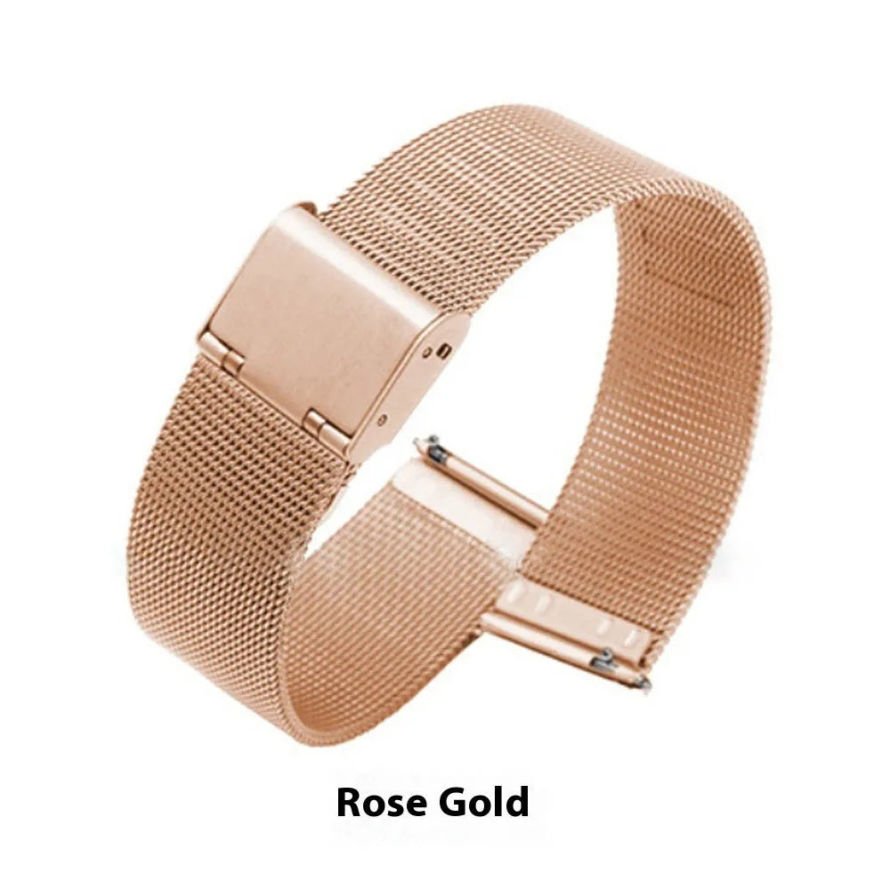 Milani silk woven stainless steel watch band showing multiple width sizes and colour options