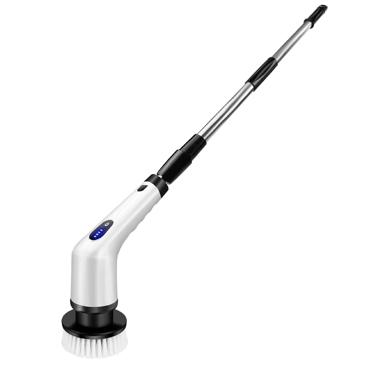 White rechargeable handheld cleaning brush with detachable head on white background