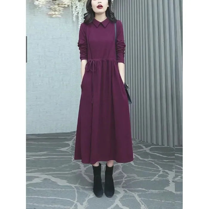Purplish red women's plus size dress with extra long sleeves and urban style design