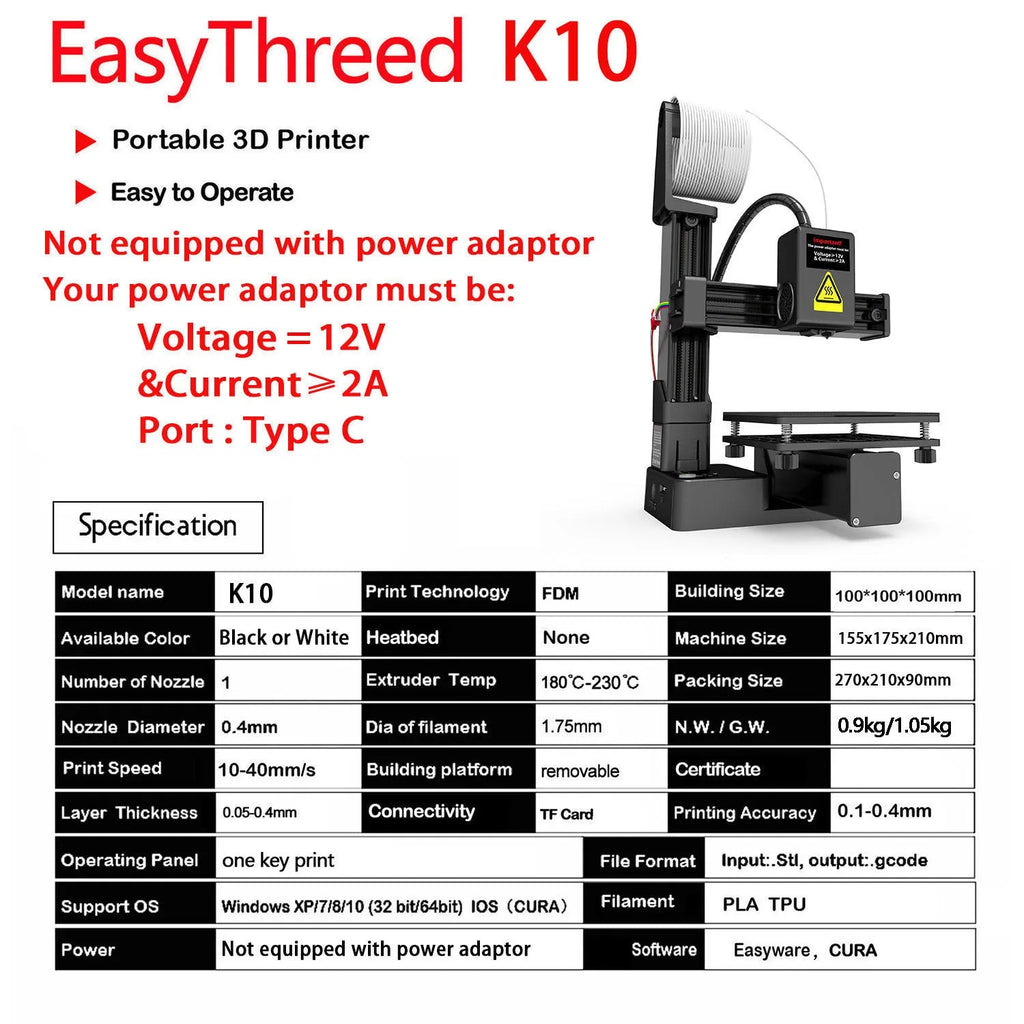 White EasyThreed K10 3D printer on a desk with power cord and instruction manual.