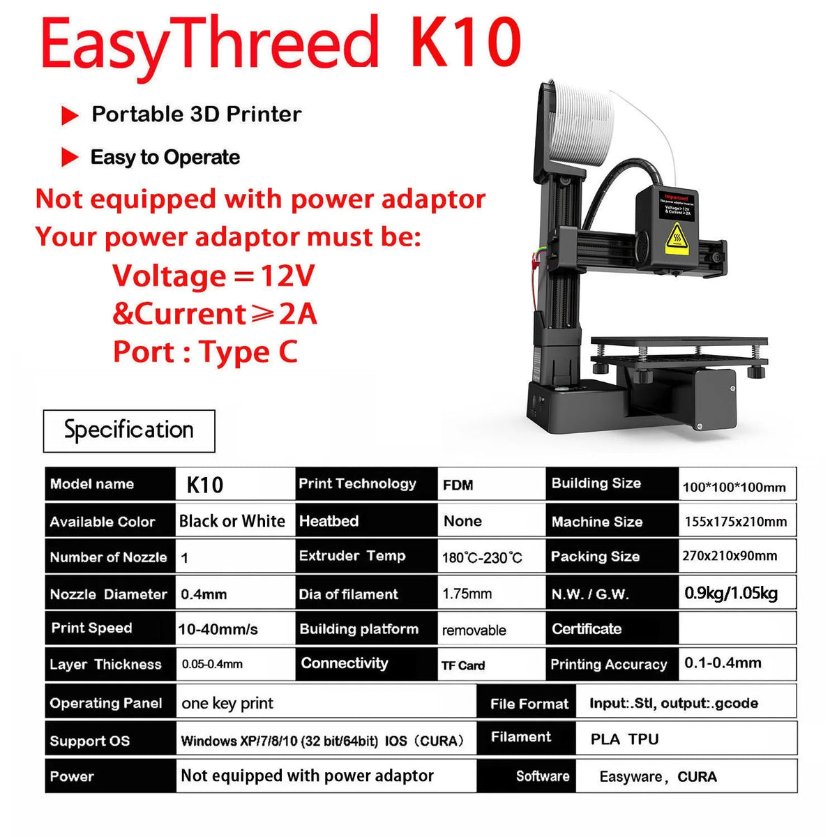 White EasyThreed K10 3D printer on a desk with power cord and instruction manual.