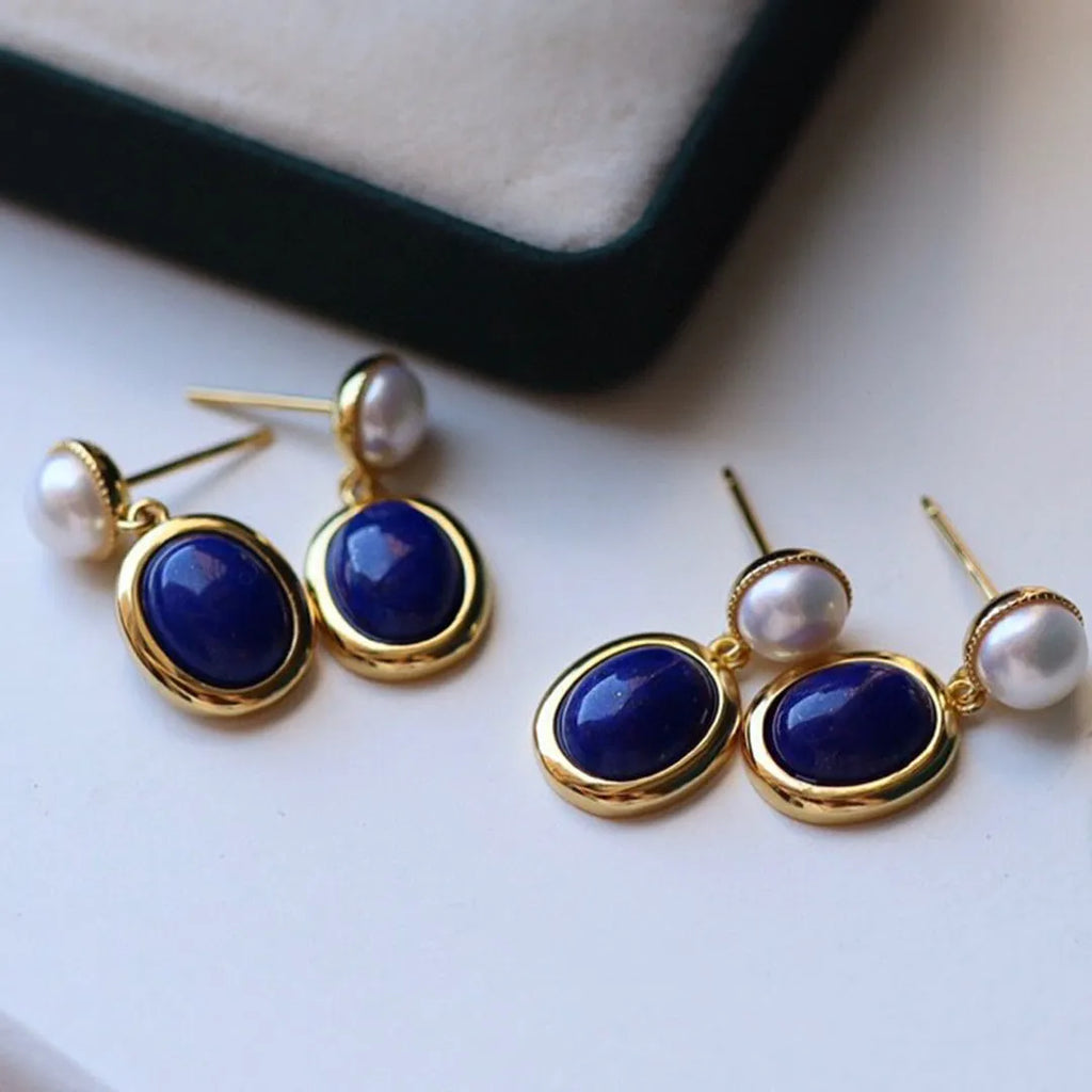 925 silver lapis lazuli pearl earrings with simple auspicious pattern design