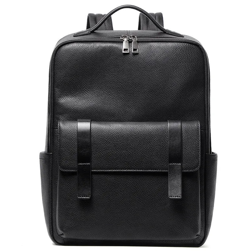 Men's large black leather computer backpack with 36-55L capacity for business and travel