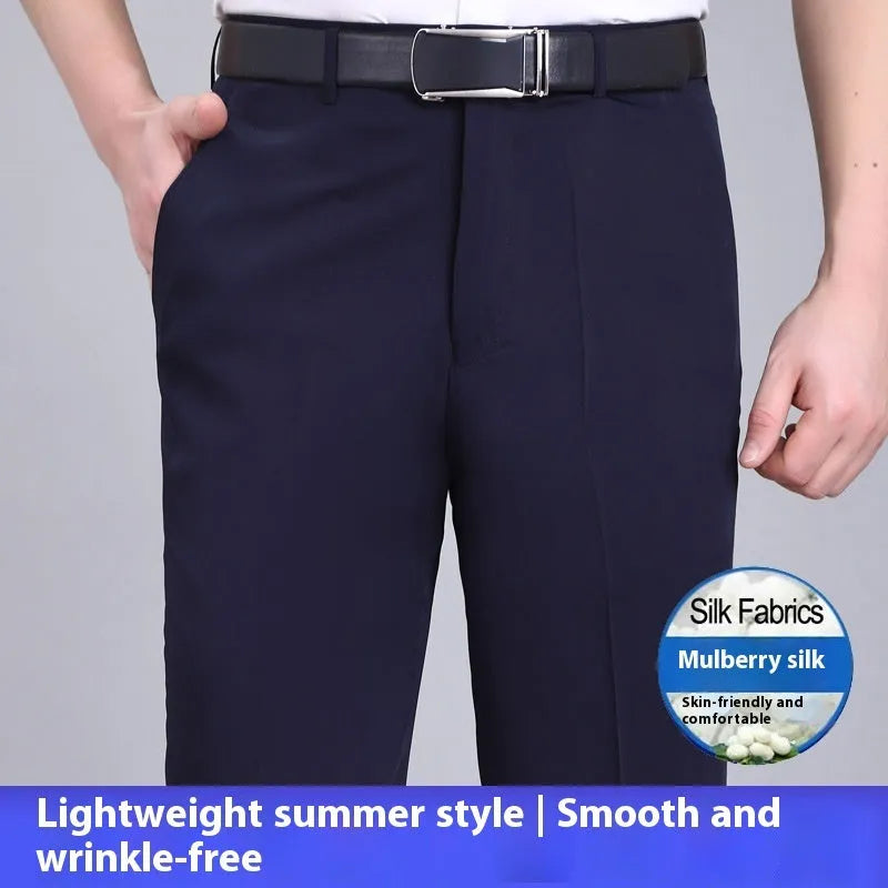 Men's straight-leg business trousers with high waist in mulberry silk fabric available in dark blue, black, and khaki colours