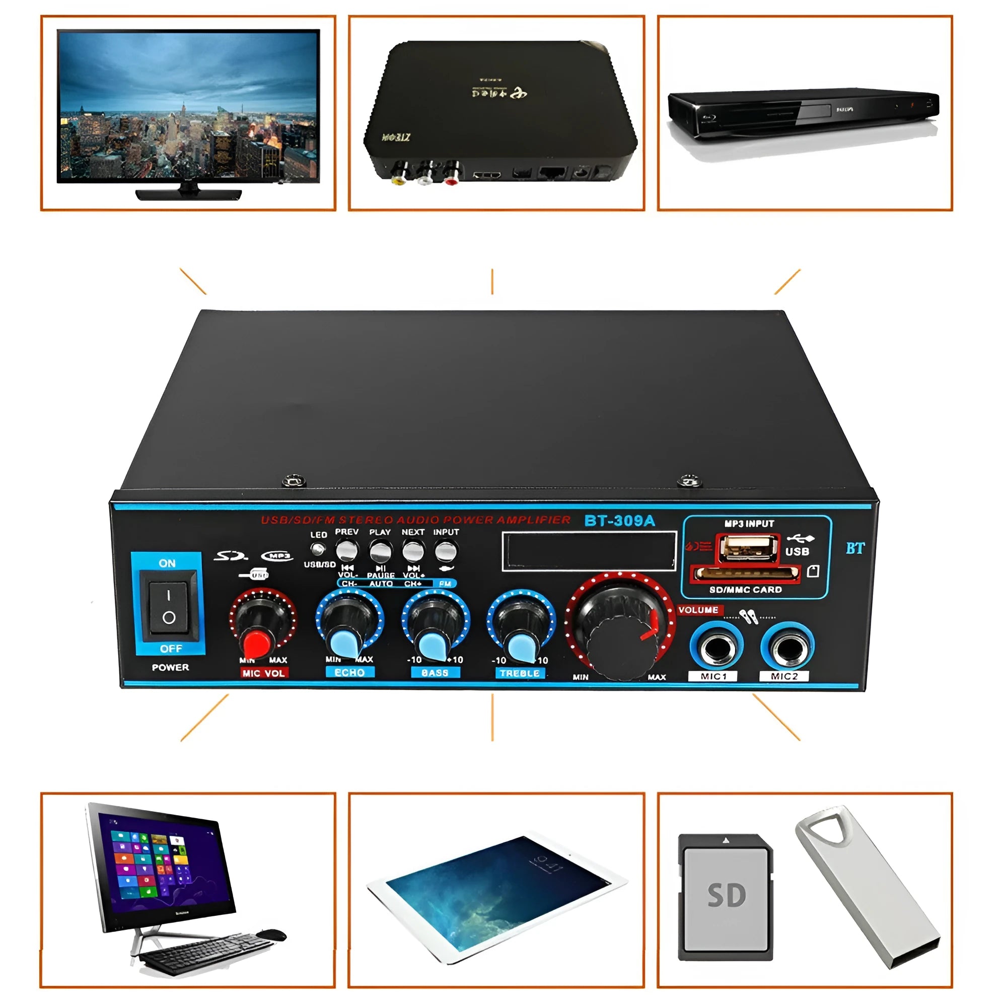 BT-309A-A black Bluetooth power amplifier with recording function and remote control on iron chassis