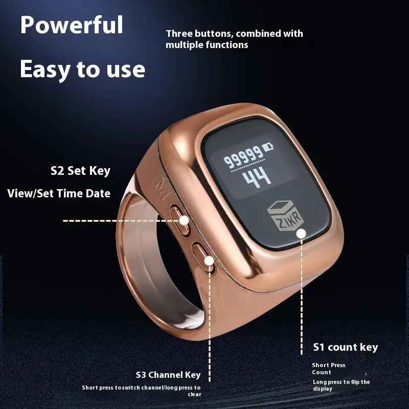 Al-Fatiha electronic Zikr counter on wrist in rose gold colour with digital display showing a count.