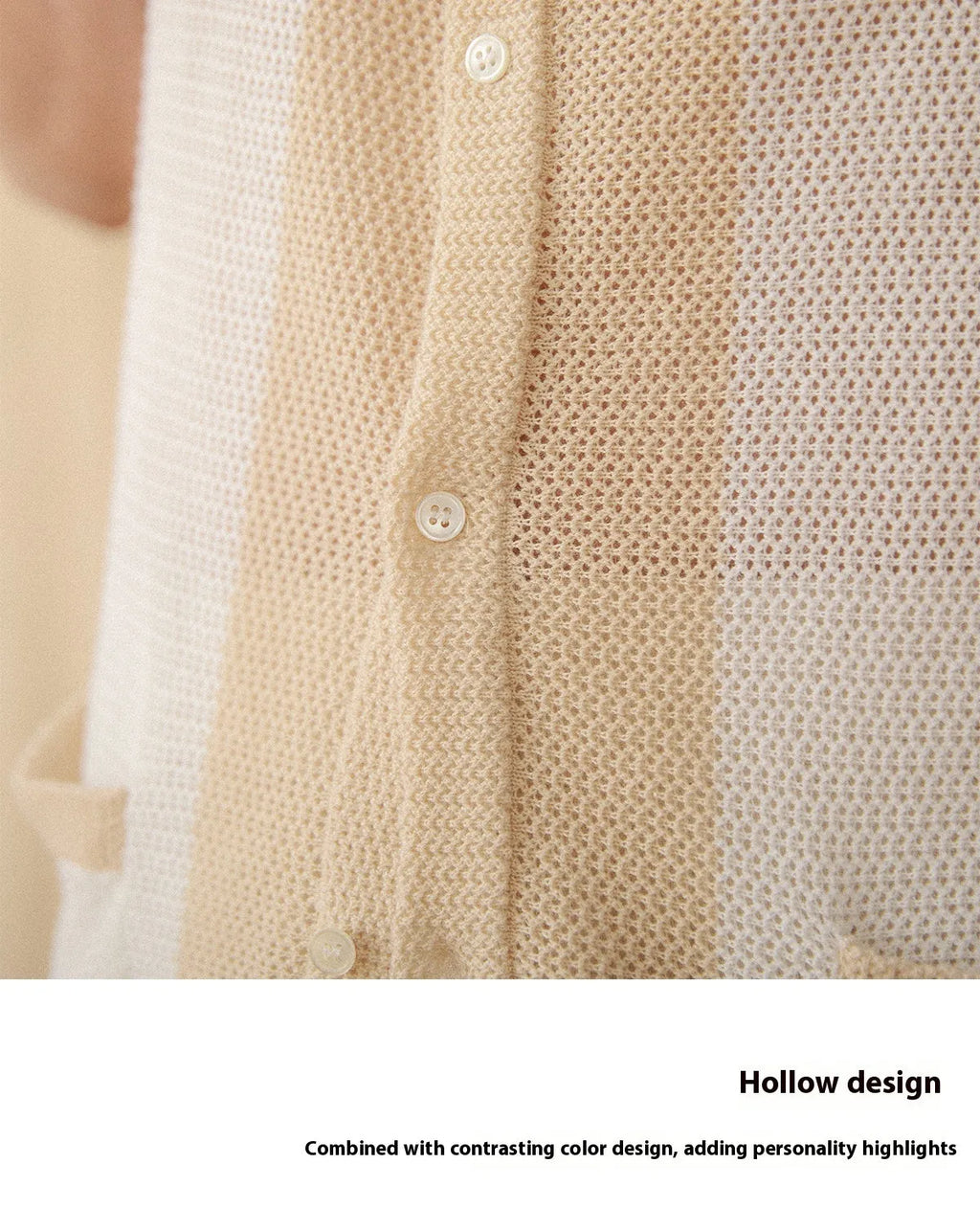 Beige short-sleeved cardigan with lapel collar made from linen and cotton blend fabric