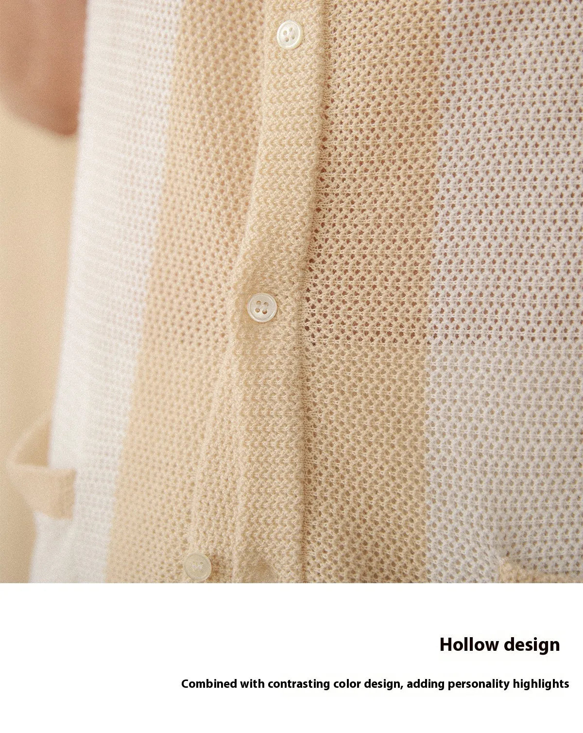 Beige short-sleeved cardigan with lapel collar made from linen and cotton blend fabric