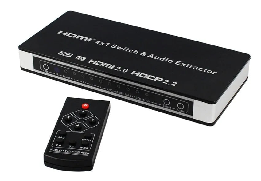 Black HDMI switch unit with four input ports, one output port, remote control, and power adapter.