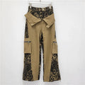 Retro high waist straight leg jeans in leopard print dark khaki with fake two-tone stitching detail