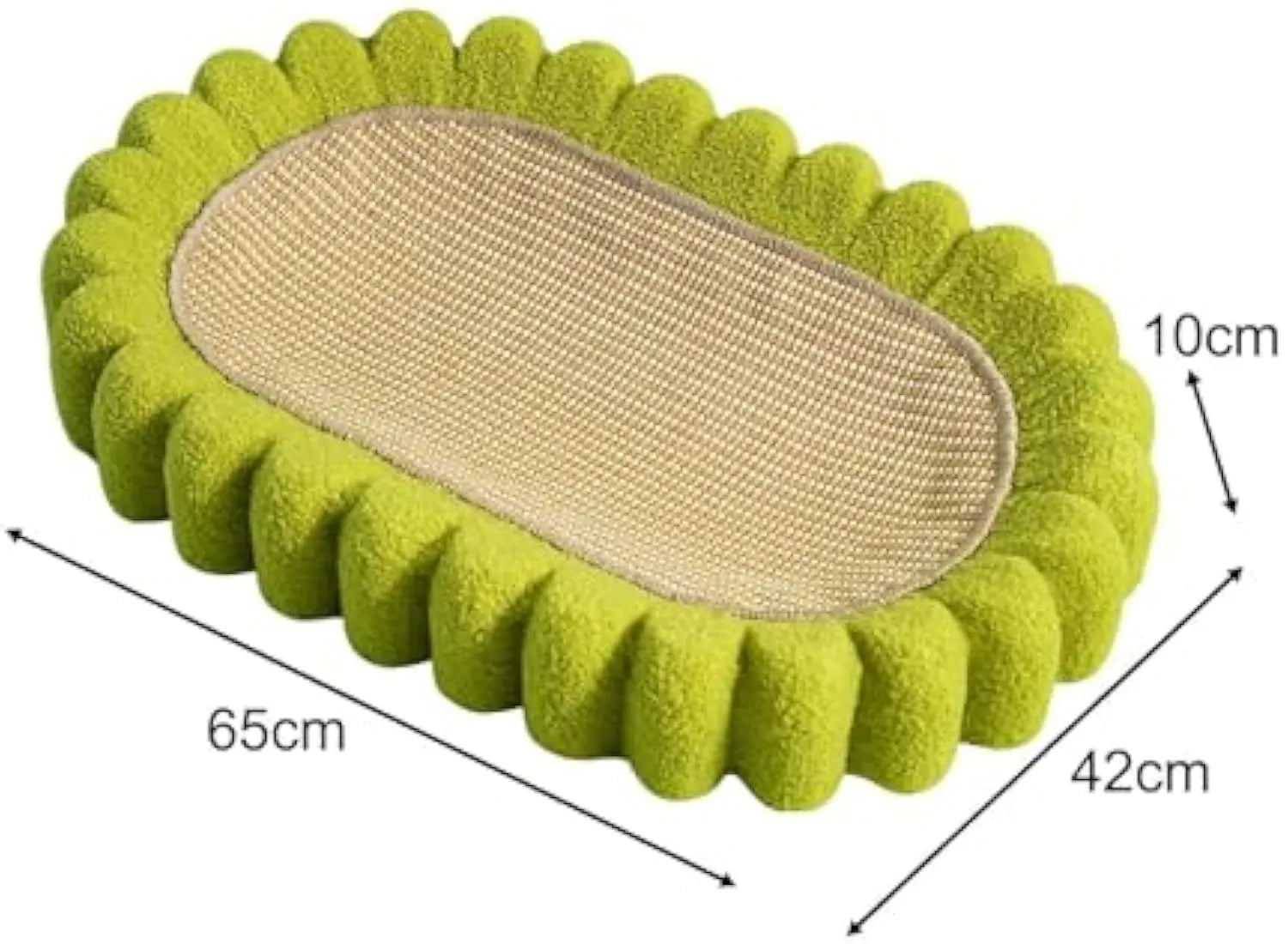 Green oval-shaped sisal cat scratching pad lounge bed on a floor.