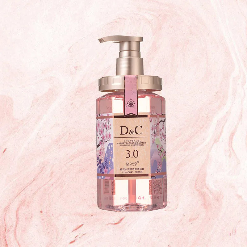 Sakura Wash Set showing 500ml shampoo, conditioner, and shower gel bottles with cherry blossom design.