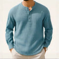 Slim fit long sleeve linen blend shirt in Army Green with three-quarter length sleeves on a hanger.