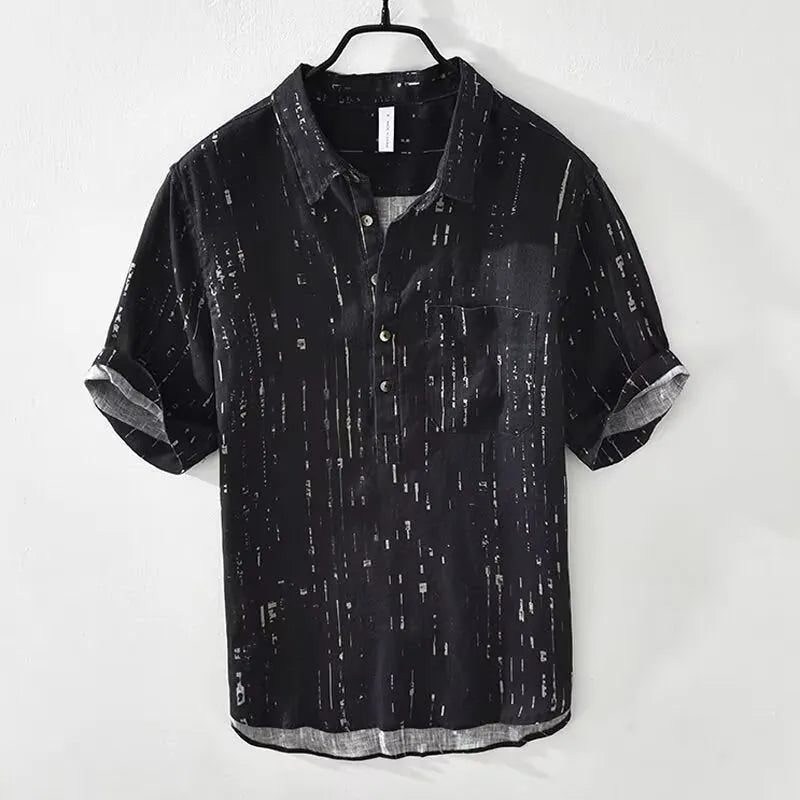 Mens black loose fit polo shirt with lapel collar design short sleeves summer casual wear
