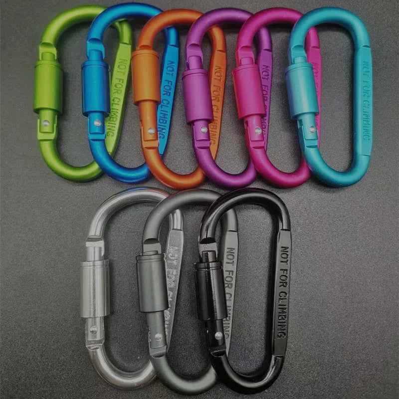 D-type aluminium climbing carabiner with screwgate lock in bright silver colour showing 8cm flat profile