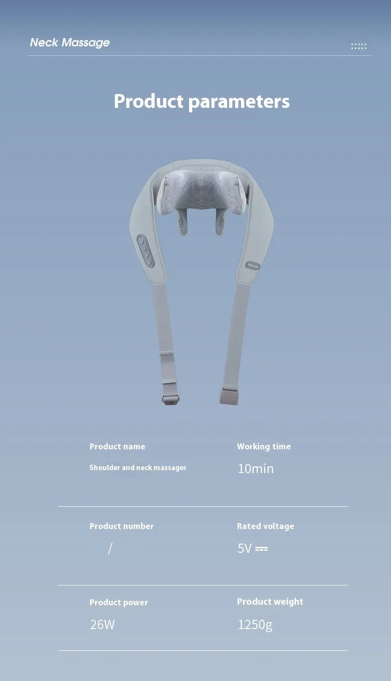Gray portable USB rechargeable neck and back massager with elastic fabric construction.