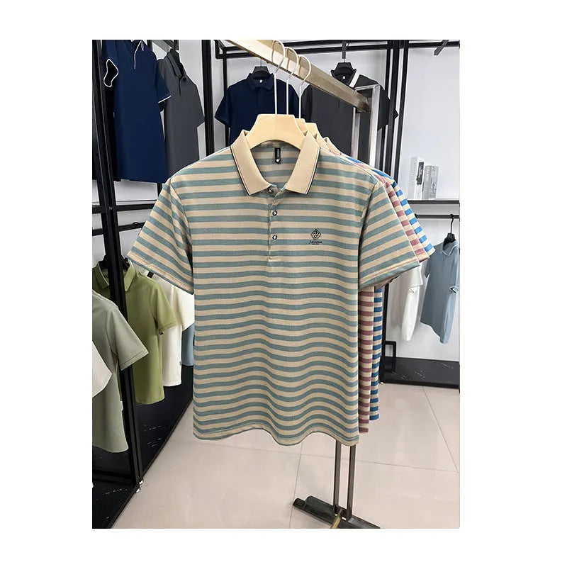 Men's striped casual short sleeve shirt with mosaic pattern in polyester fibre fabric