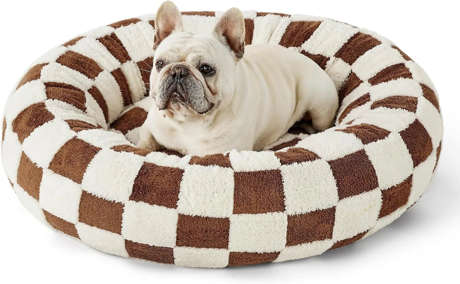Round plaid dog bed with plastic base, shown in sea blue and white colour, with removable washable cover.