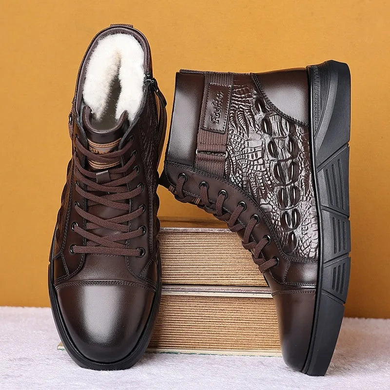 Genuine leather lace-up winter boots with fur lining in black or brown velvet style