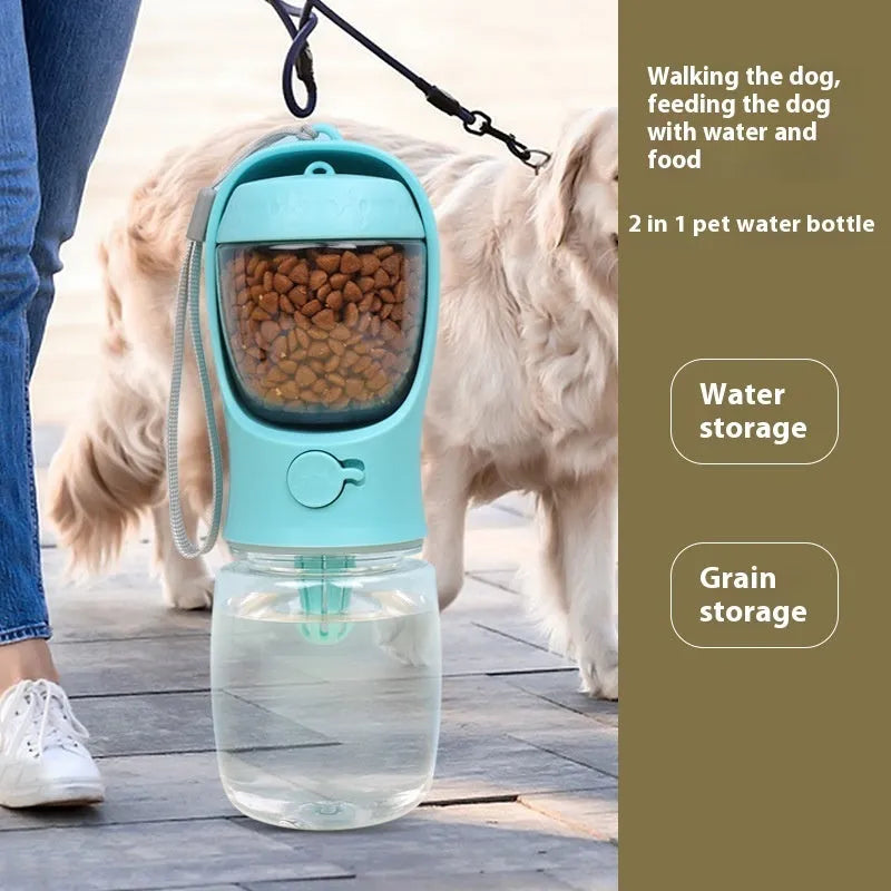 Blue dual-use dog drinking cup with split compartment for water and food.