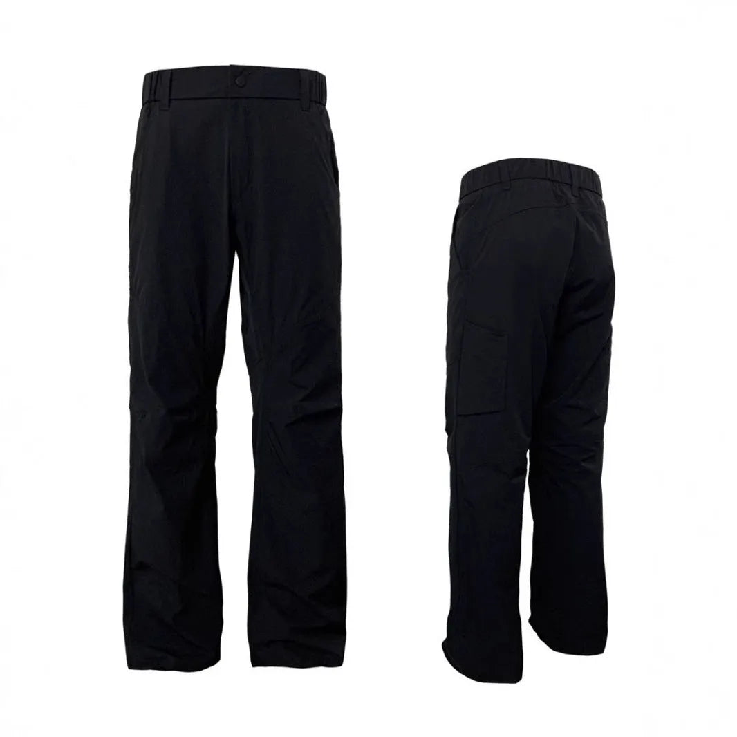 Men's straight-leg casual trousers in a neutral colour on a hanger, showing the mid-waist and elasticated waistband detail.