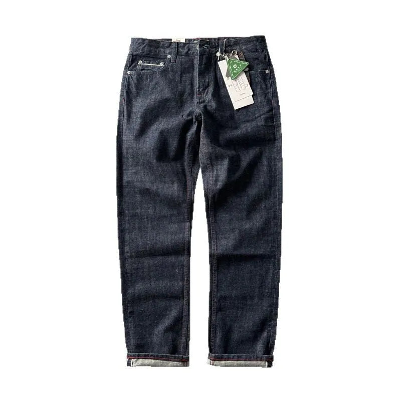 Men's straight-leg denim trousers in primary colour with mid-waist design and classic American retro styling