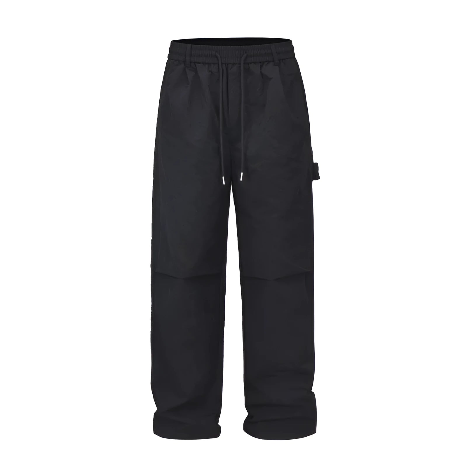 Black baggy paratrooper pants with an elastic waistband on a neutral background.